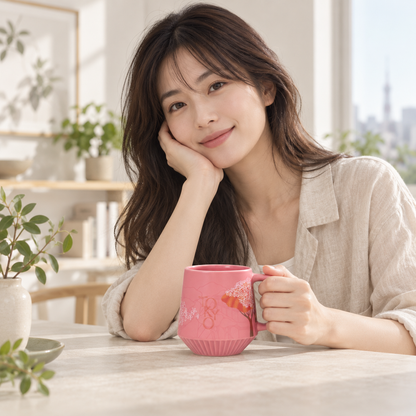 Pink ceramic mug shown at a natural scale in use