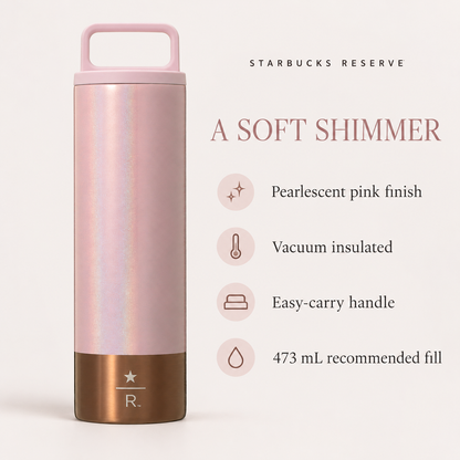 Starbucks Reserve pink bottle features: pearlescent finish, vacuum insulation, easy-carry handle, 473mL recommended fill