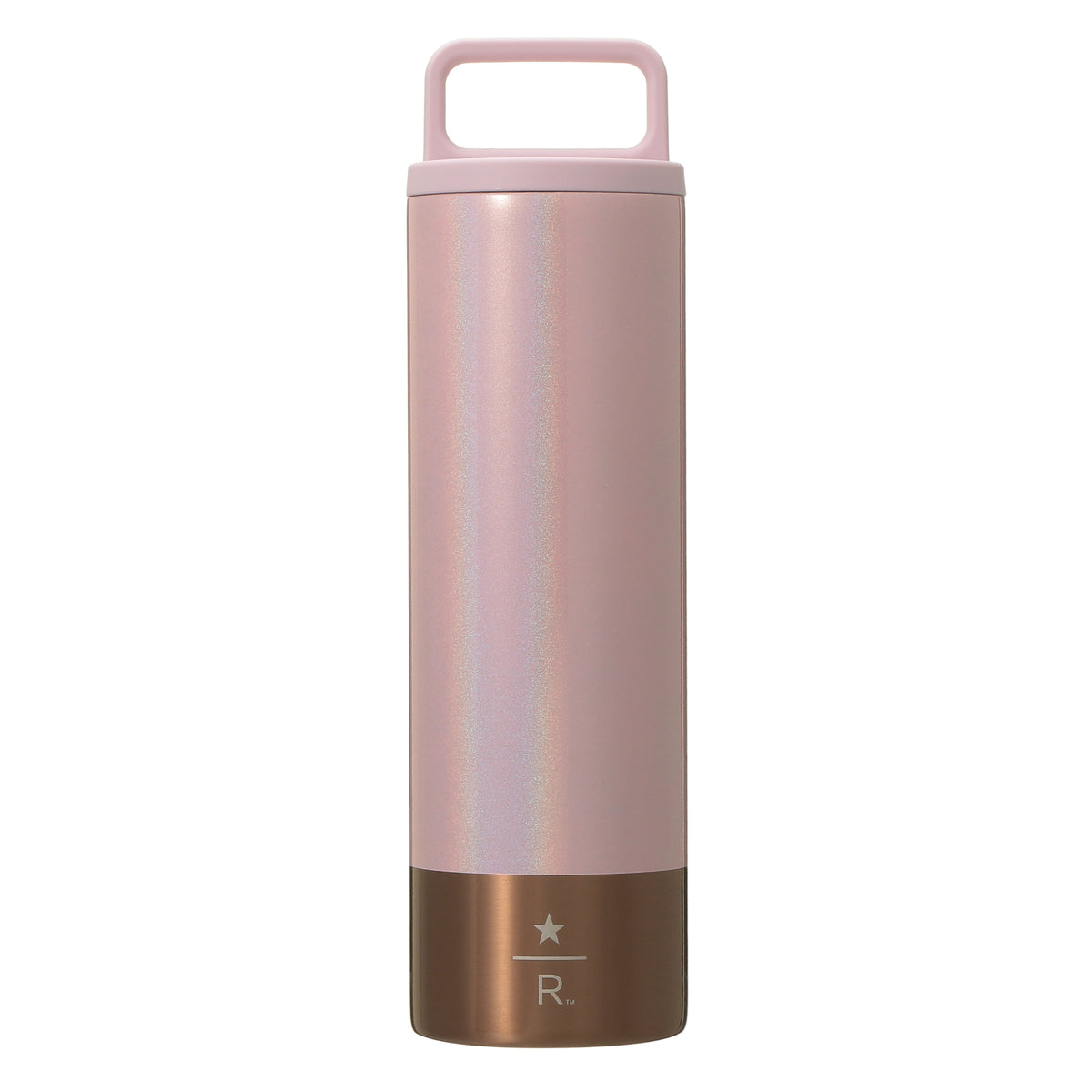 Starbucks Reserve pearlescent pink handle-lid stainless steel bottle 473mL, front view