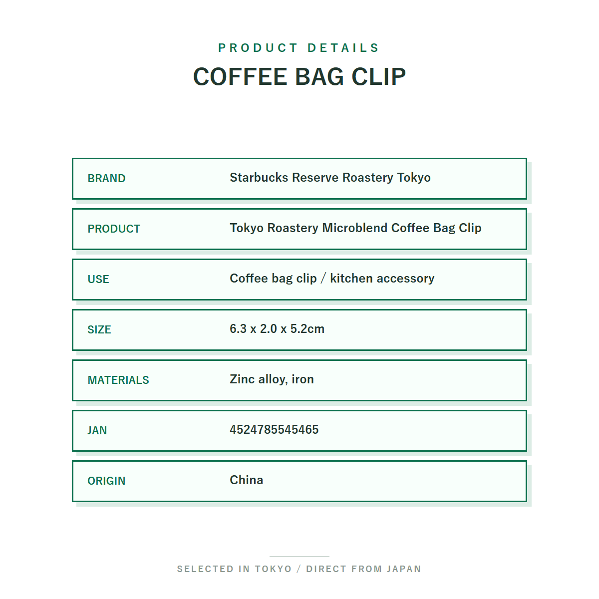 Starbucks Reserve Roastery Tokyo Microblend Coffee Bag Clip product details