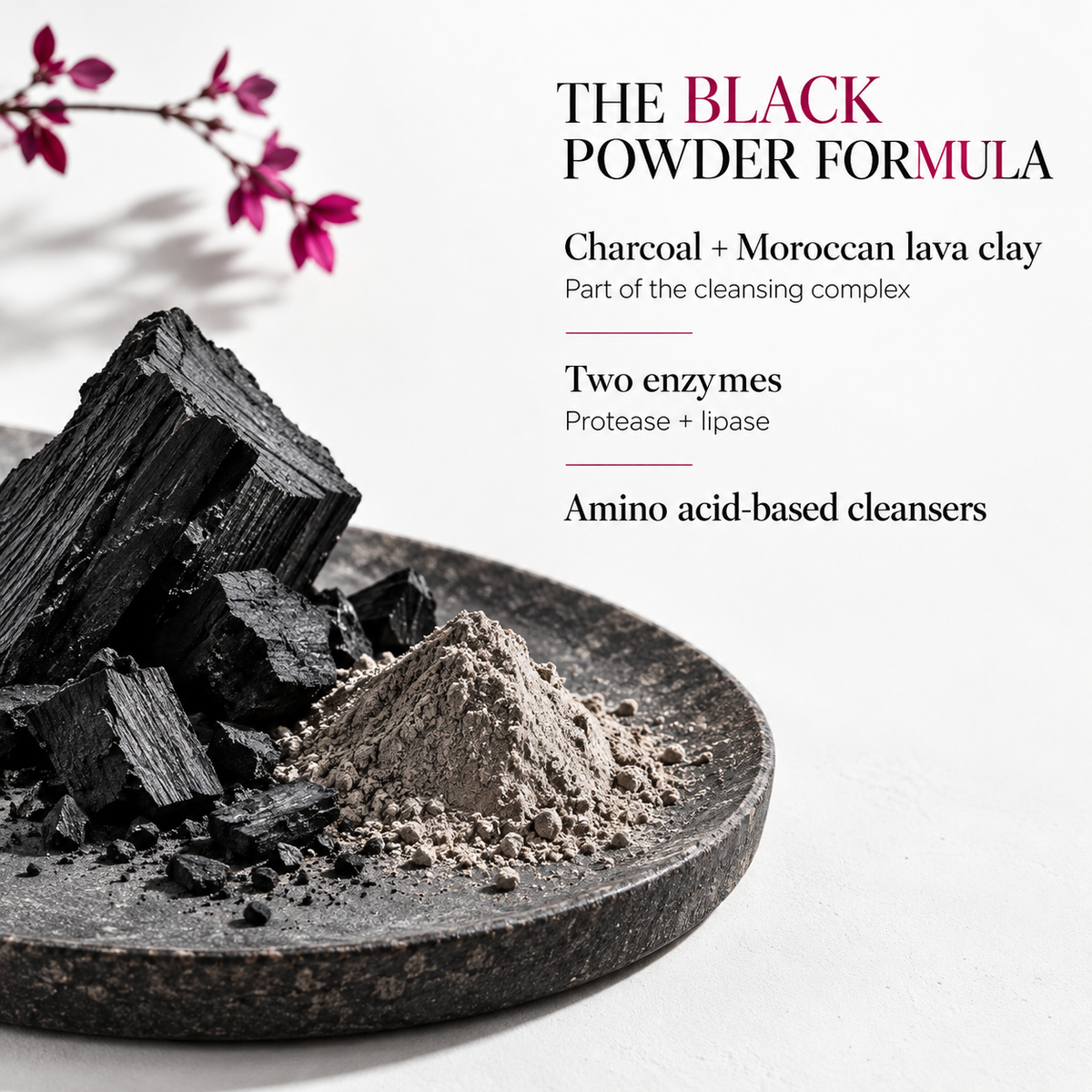 Charcoal, Moroccan lava clay and two cleansing enzymes