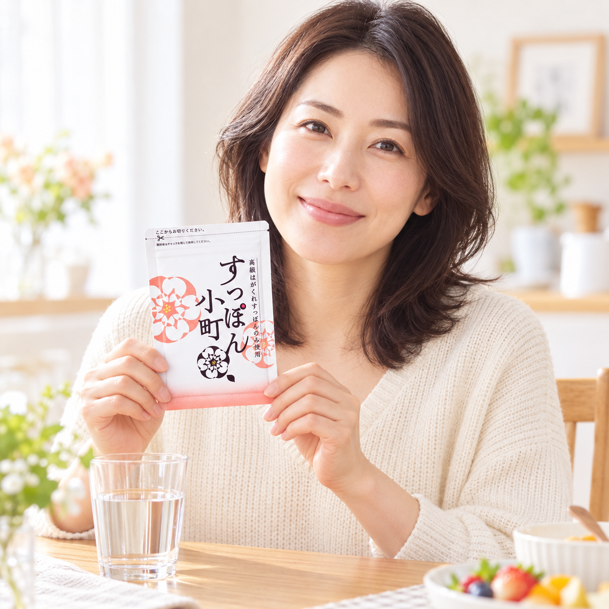 Ilustração de estilo de vida com modelo segurando Suppon Komachi pouch