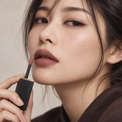 Model wearing SUQQU Blur Liquid Lip 04 KAORIOBORE