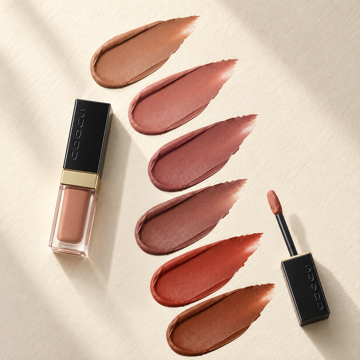 Six SUQQU Blur Liquid Lip Autumn 2026 shade swatches