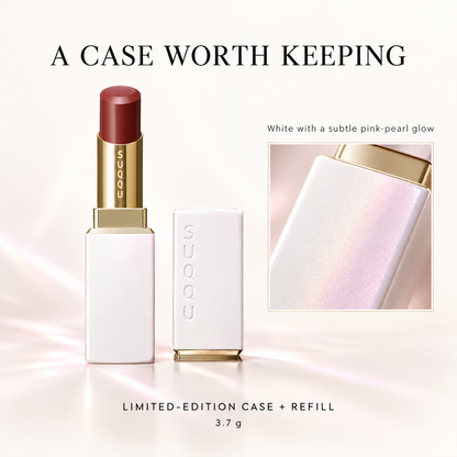 SUQQU Moisture Glaze Lipstick limited white pink-pearl case detail; refill and cap