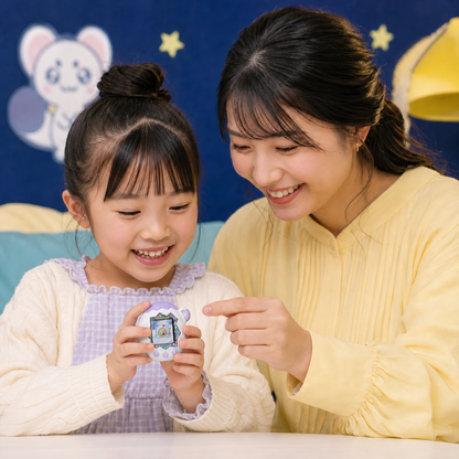 Adult and child playing Tamagotchi Paradise with balanced product size