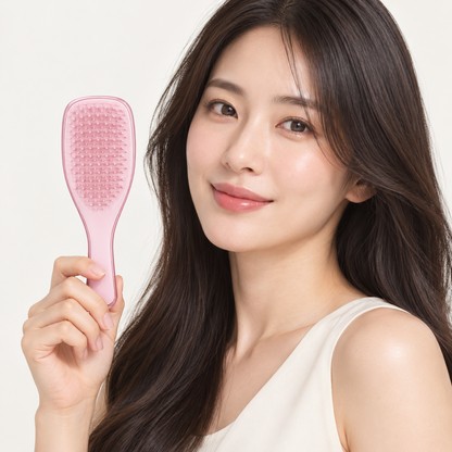 Japanese model holding Royal Pink Mini Luxe brush with correct rectangular head