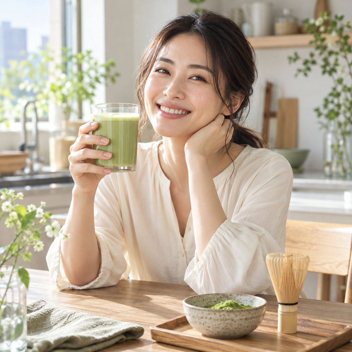 Japanese woman enjoying a matcha protein drink