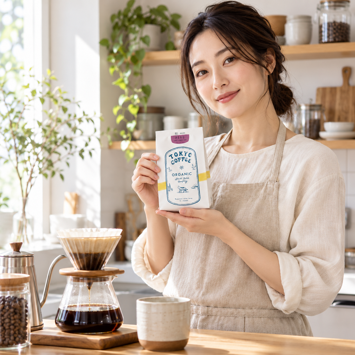 Japanese model naturally holding a small 200g TOKYO COFFEE Organic Peru bag