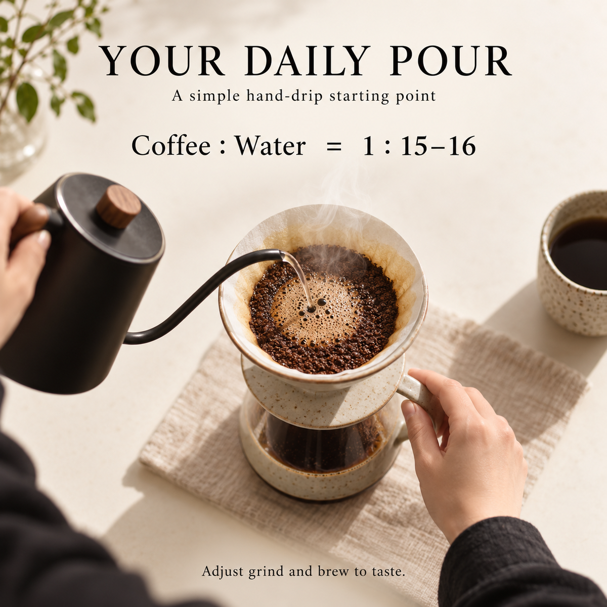 Hand-drip starting ratio of coffee to water one to fifteen or sixteen