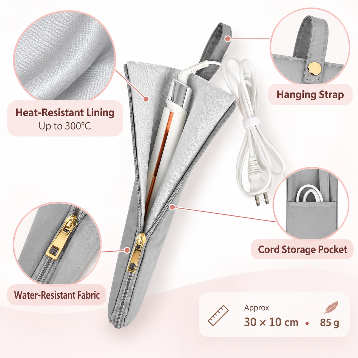 Heat-resistant hair iron case feature infographic