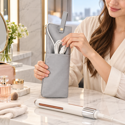 Adult woman organizing hair iron cord with heat-resistant case