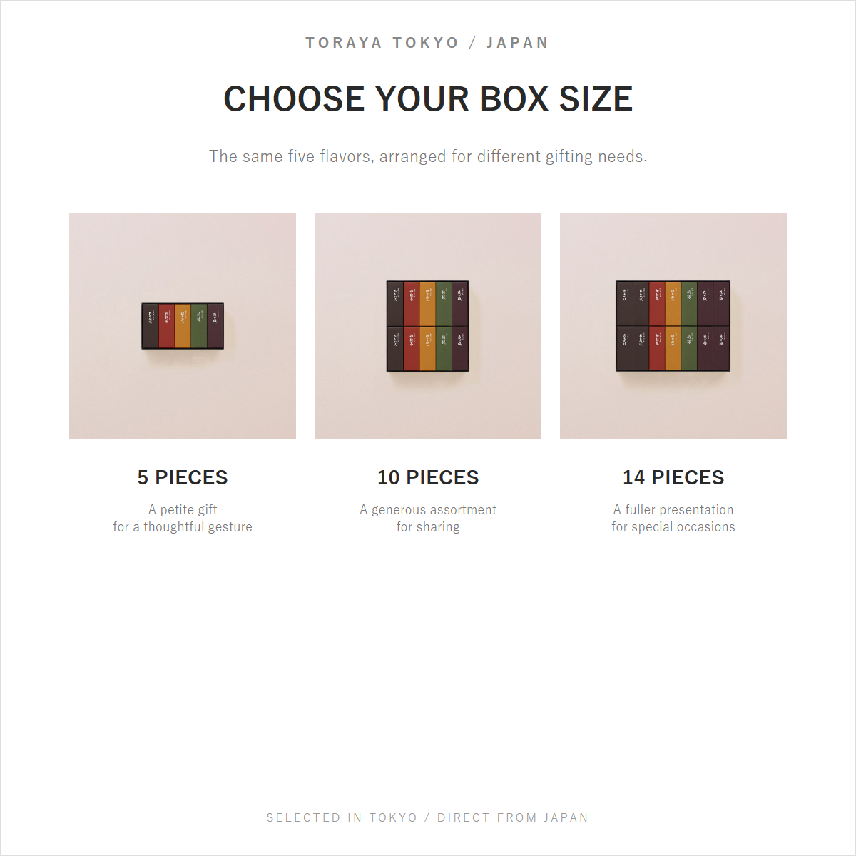Toraya petite yokan 5, 10, and 14-piece box size comparison