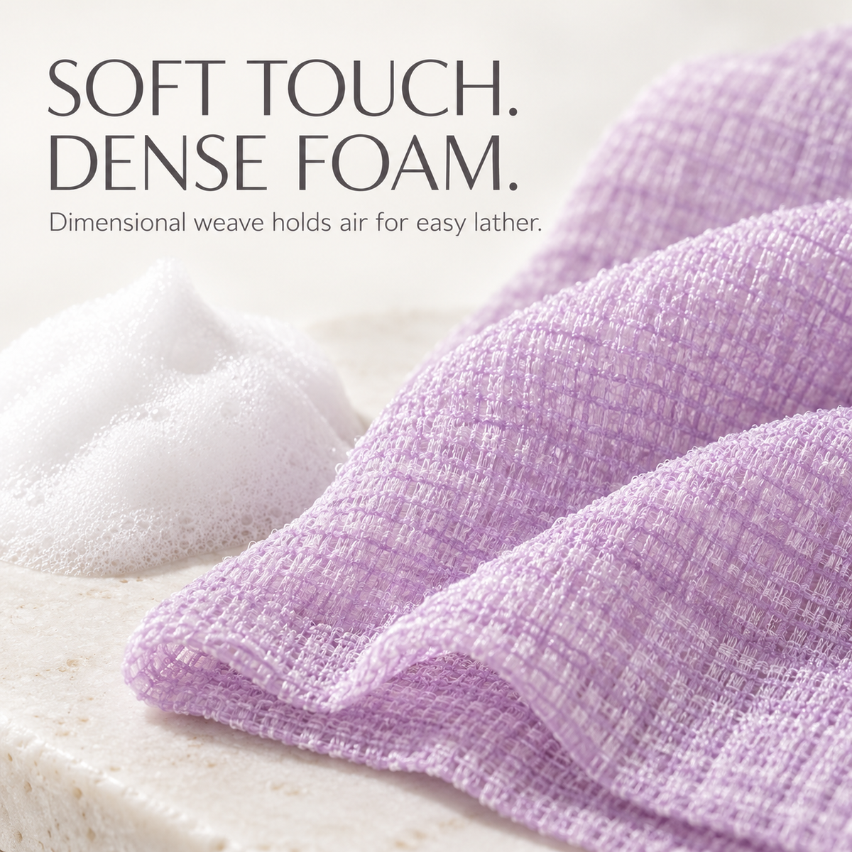 Dimensional weave and dense foam detail of TOWA body towel