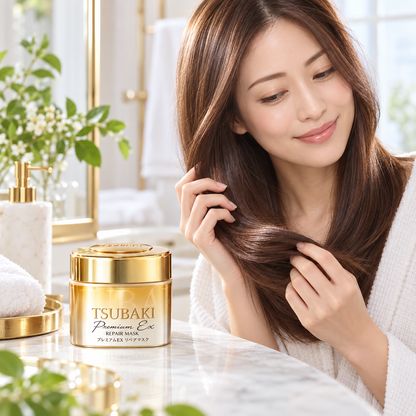 Model with smooth hair using TSUBAKI Premium EX Repair Mask