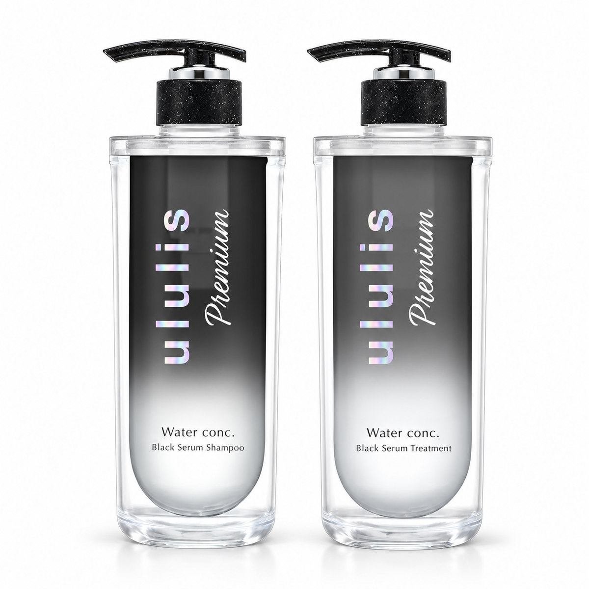 ululis Premium Black Serum Shampoo 340mL and Treatment 335g set on white