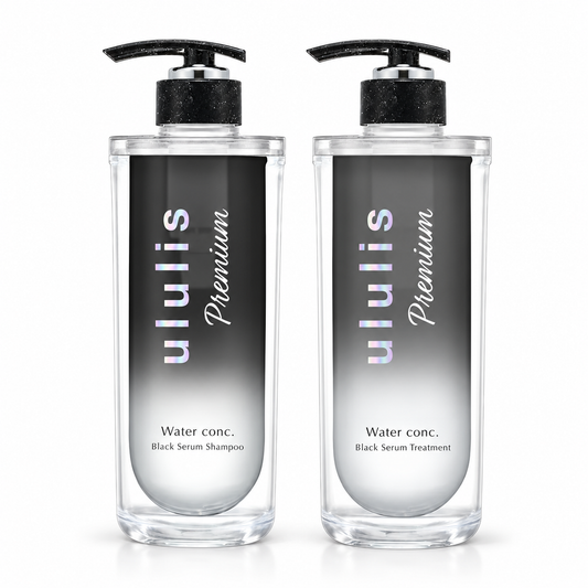 ululis Premium Black Serum Shampoo 340mL and Treatment 335g set on white