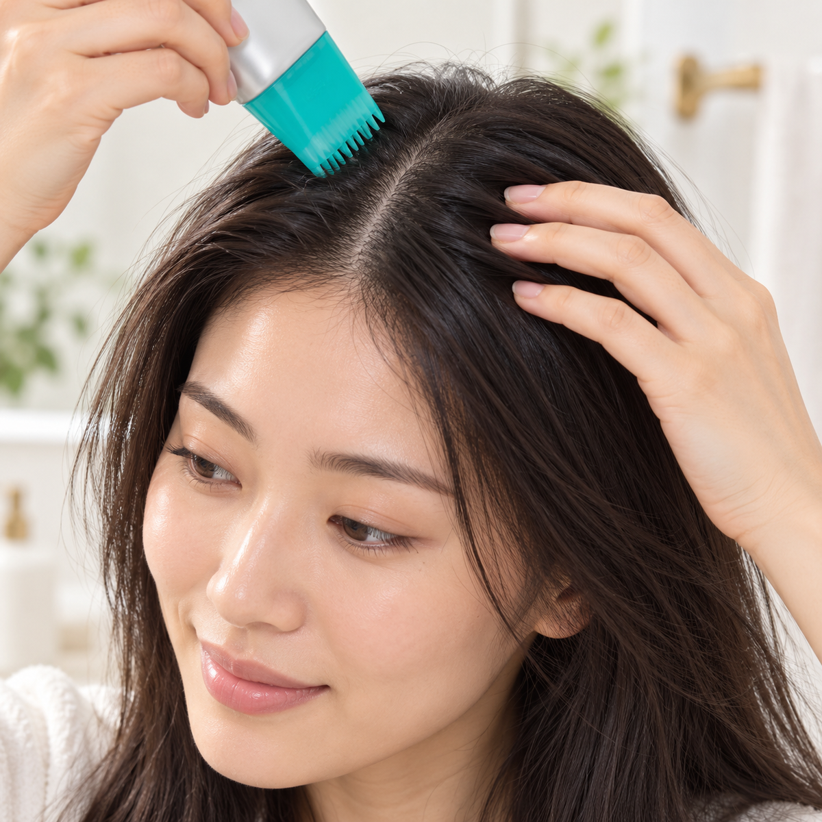 Model gently applying the brush serum along the scalp
