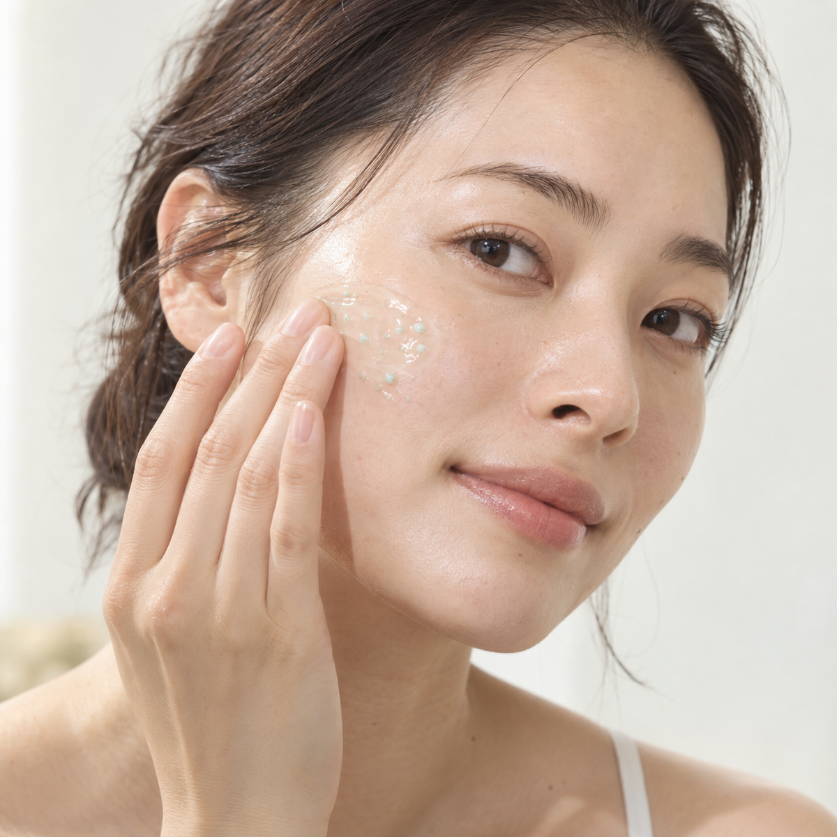 Model applying gel and capsule texture to cheek