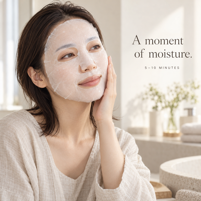 Illustrative Japanese model enjoying a 5–10 minute sheet mask ritual
