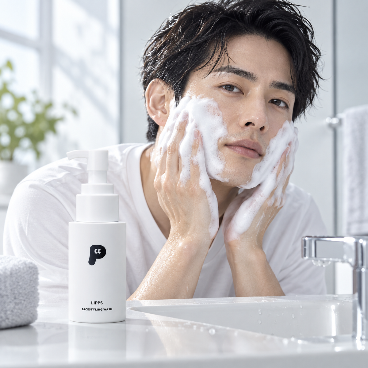 Man washing face with LIPPS Face Styling Wash