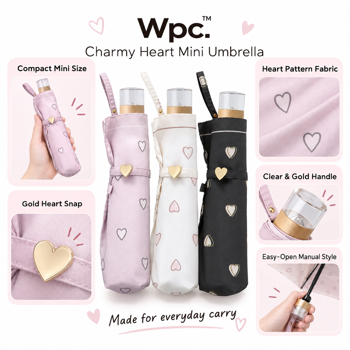 Wpc Charmy Heart Mini Umbrella compact heart detail English image