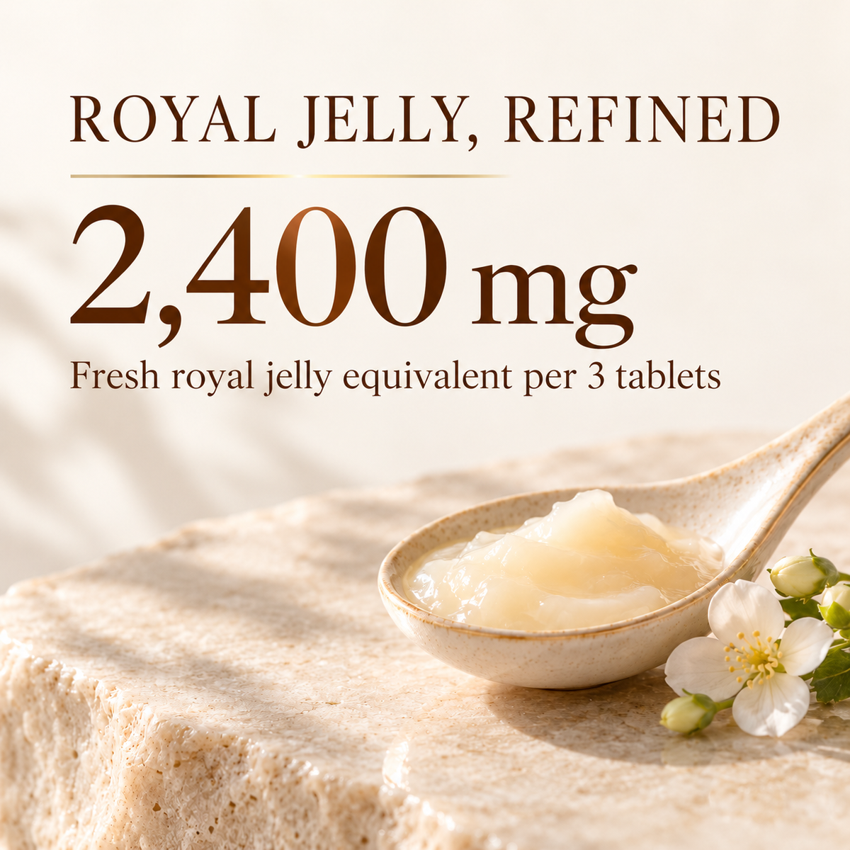 Royal jelly editorial feature: 2,400 mg fresh royal jelly equivalent per three tablets
