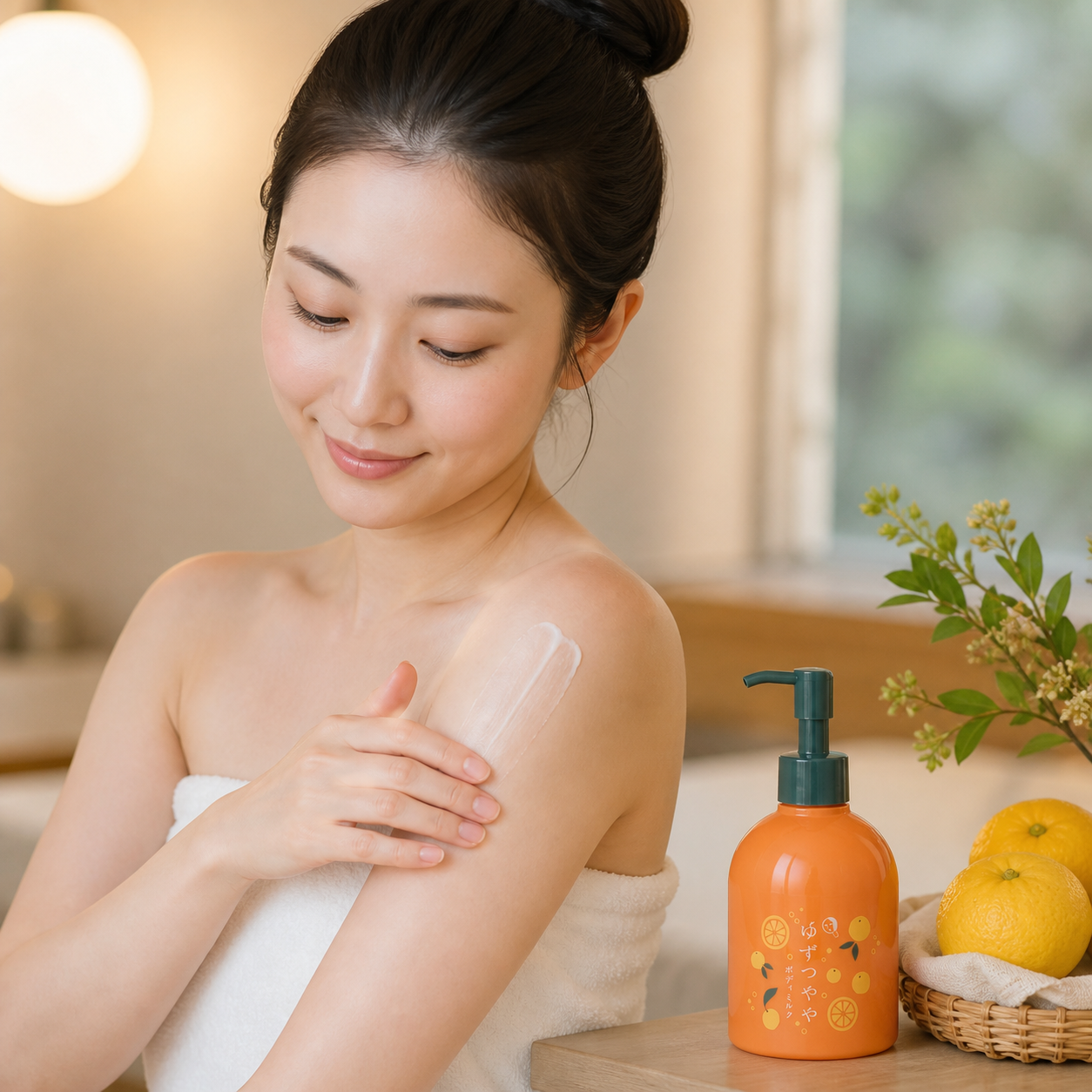 Model using YOJIYA Yuzu Tsuyaya Body Milk