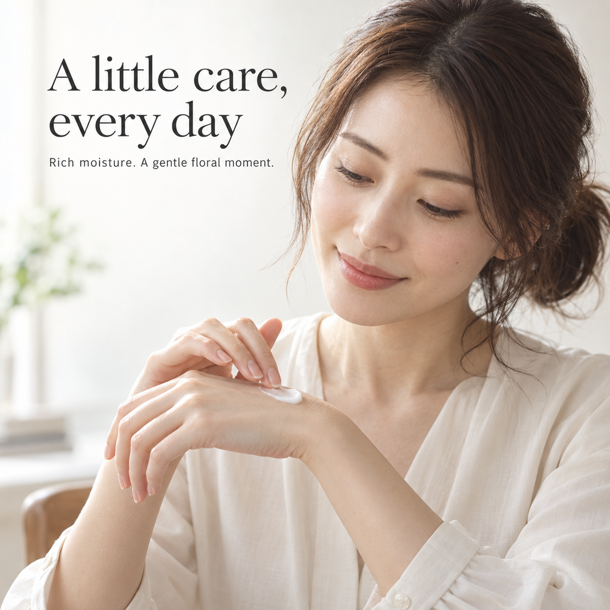 Japanese woman massaging hand cream into her hands