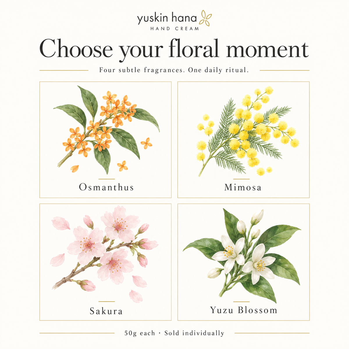 Four fragrance choices: Osmanthus, Mimosa, Sakura and Yuzu Blossom; sold individually