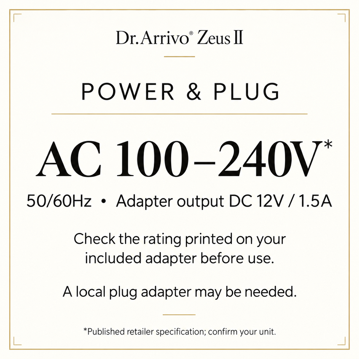 Voltage guidance: verify included AC adapter rating before overseas use
