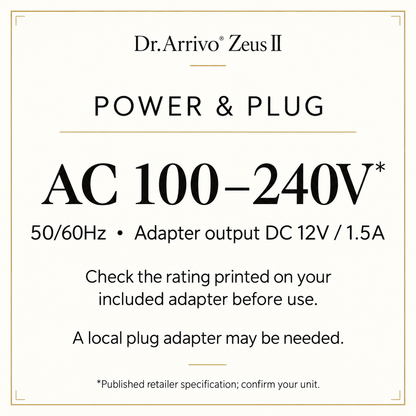 Voltage guidance: verify included AC adapter rating before overseas use
