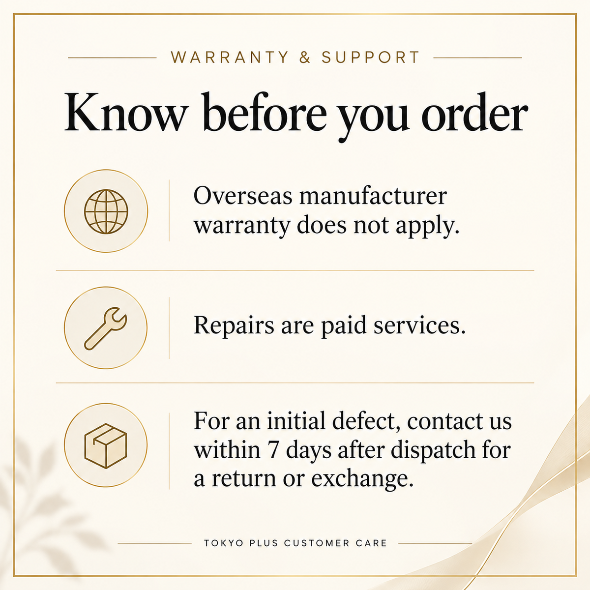 Warranty guidance: no overseas manufacturer warranty, paid repairs, seven-day initial-defect window